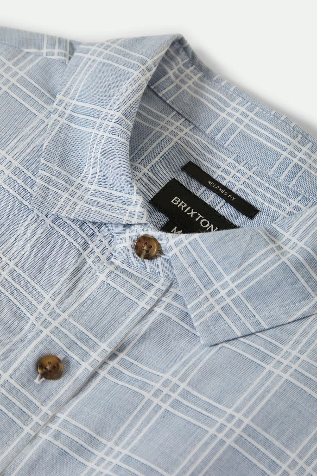 Men's CRU Oxford Plaid Relaxed S/S Shirt in the color Light Blue/White Plaid - Additional Laydown image
