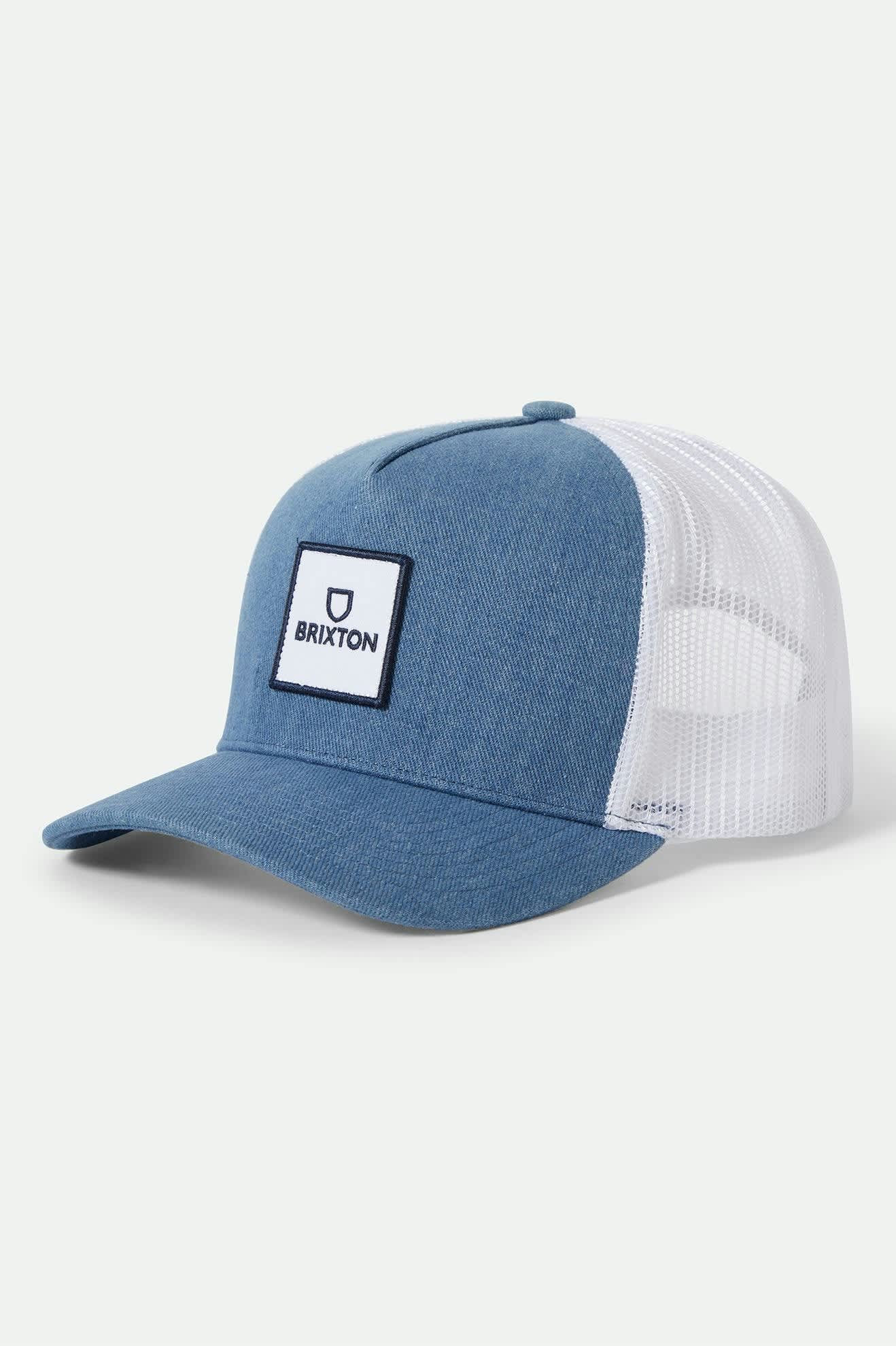 Unisex Alpha Block NetPlus Trucker Hat in the color Denim/White - Front Product View
