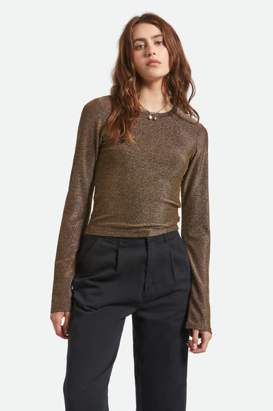 トップス RESISTED YARN DYED WOOL GABARDINE SHIRT Women's Dolly Slim Long Sleeve Knit T-Shirt in Gold Metallic