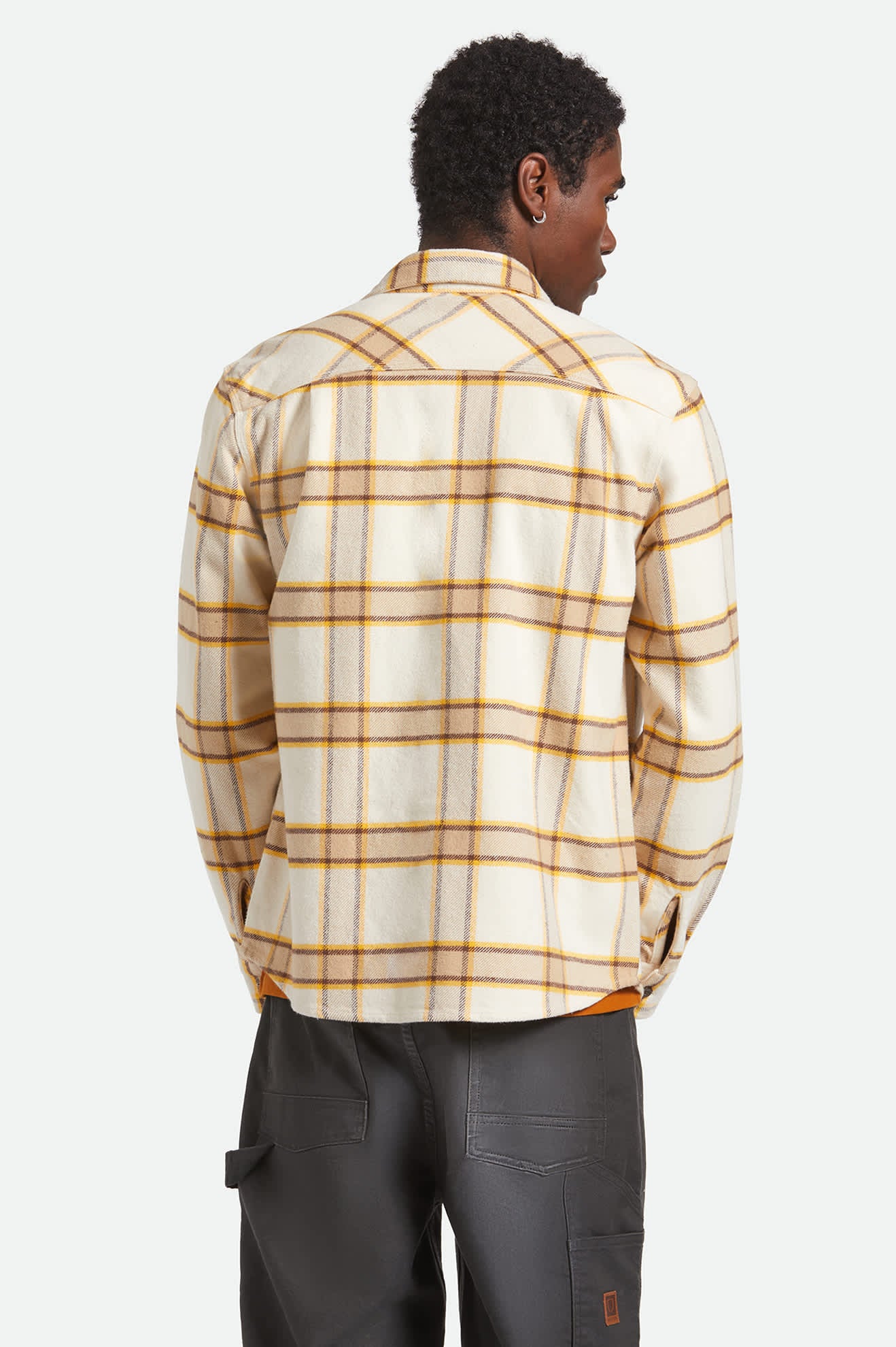 Men's Bowery Heavyweight Flannel in the color Whitecap/Pineconebrown/Saffron - Men's Back View