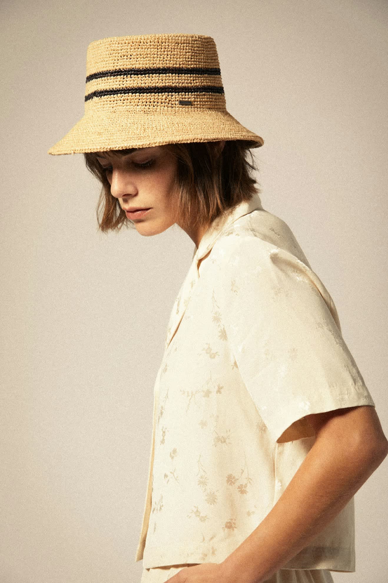 Women's Ellee Straw Bucket Hat in the color Tan/Black - Women's Side View