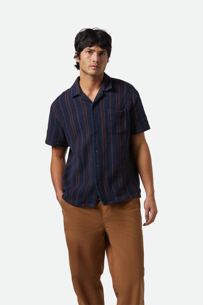 Men's Bunker Waffle Stripe S/S Camp Collar Shirt in the color Washed Navy Stripe - Men's Front View