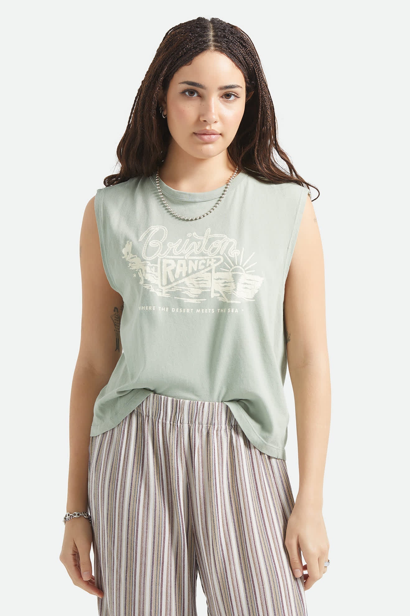 Women's Brixton Ranch Muscle Tank in the color Sage Green - Women's Front View