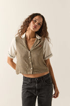 Women's Silky Bowling Button Down Shirt in the color Khaki/Off White/Black Micro - Women's Front View