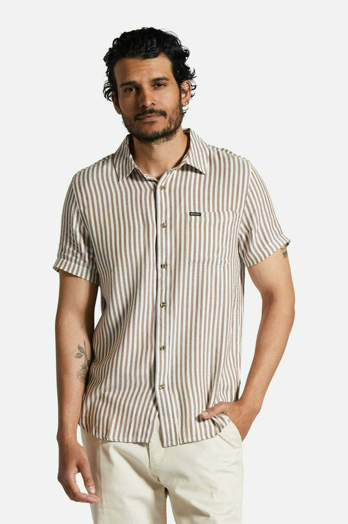 Men's Fit, Front View | Charter Herringbone Stripe S/S Woven Shirt - Off White/Bison