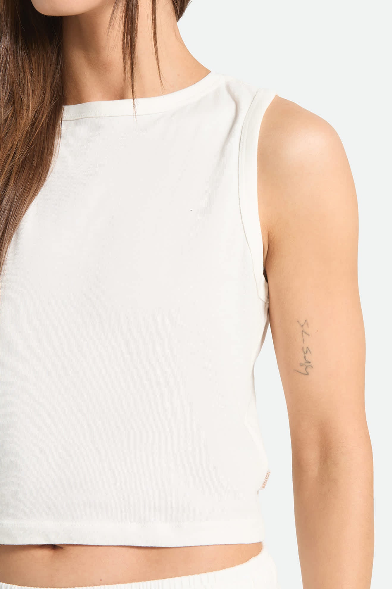 Women's Carefree Organic Garment Dye Cropped Tank in the color Off White - Additional Fit image