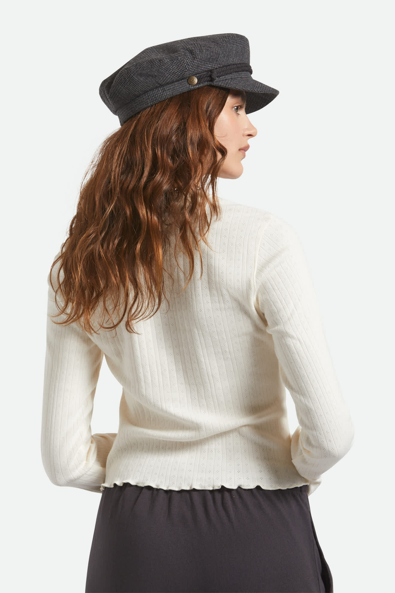 Unisex Fiddler Fisherman Cap in the color Grey Shadow Plaid - Women's Side View