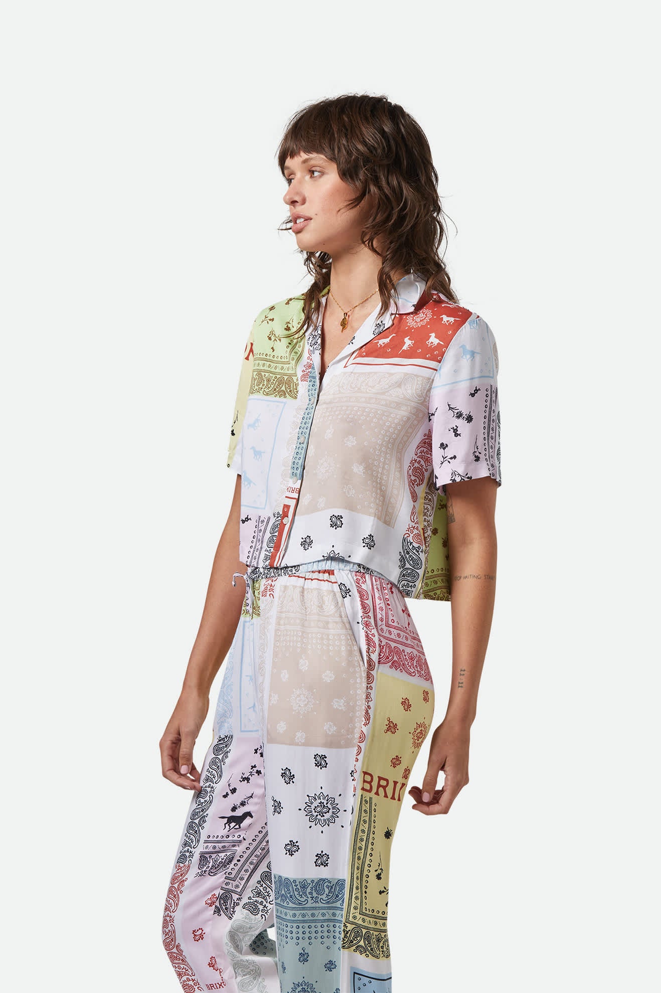 Women's Silky S/S Bowling Button Down in the color Multi Color Bandana - Women's Front View