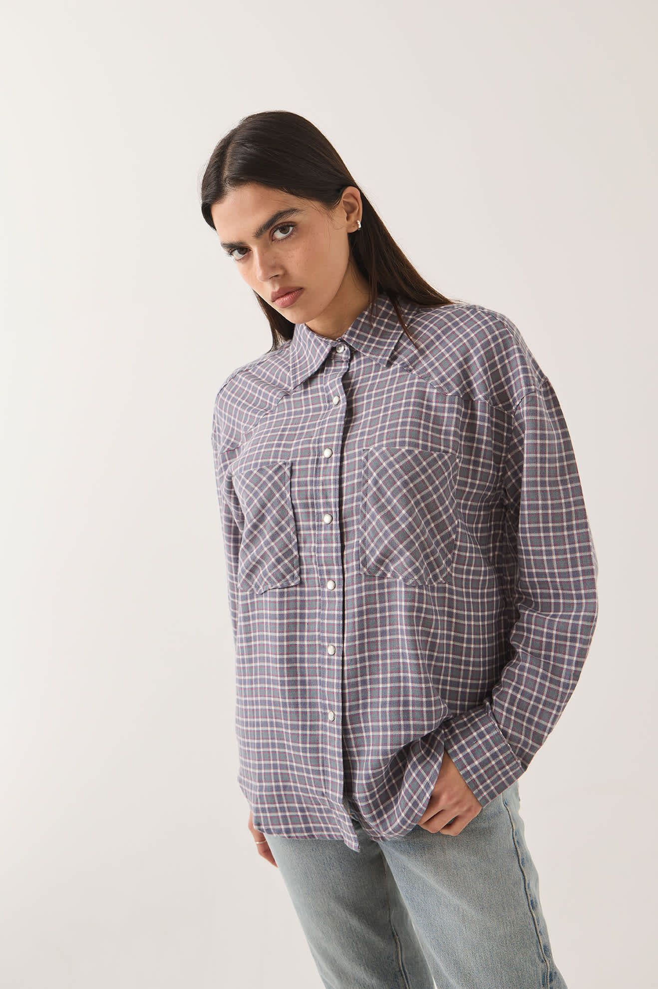 Women's Wayne Women's Shirt in the color Soft Navy Plaid - Women's Front View