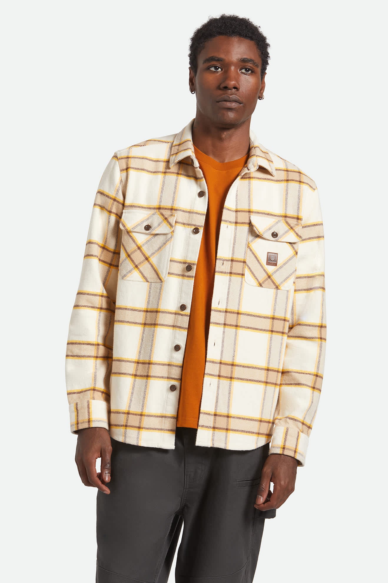 Men's Bowery Heavyweight Flannel in the color Whitecap/Pineconebrown/Saffron - Men's Front View