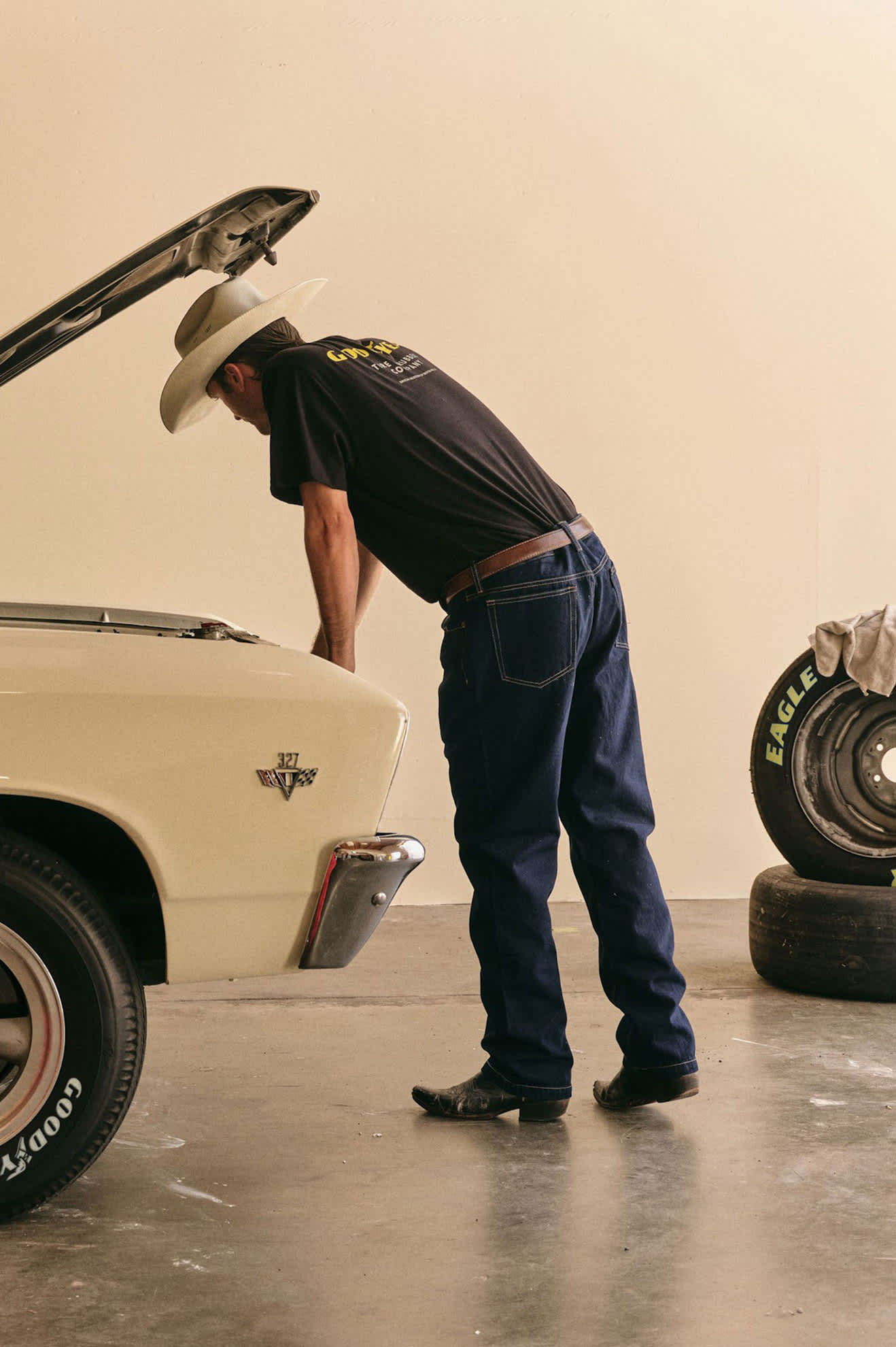 Men's Goodyear Service Pocket T-Shirt in the color Black - Men's Back View