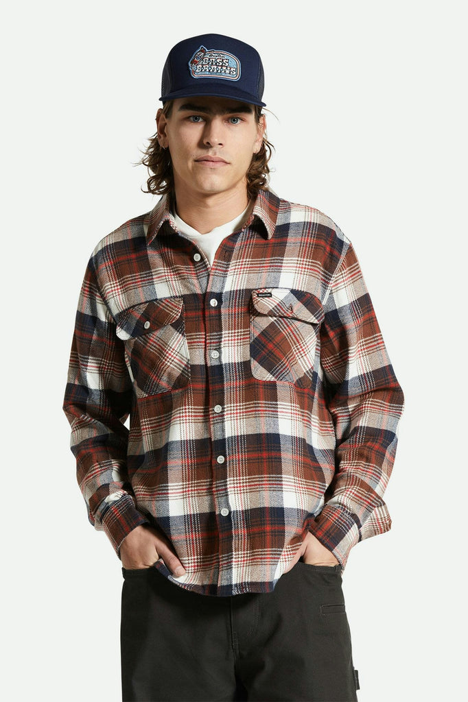 Men's Fit, Front View | Bowery Flannel - Washed Navy/Sepia/Off White