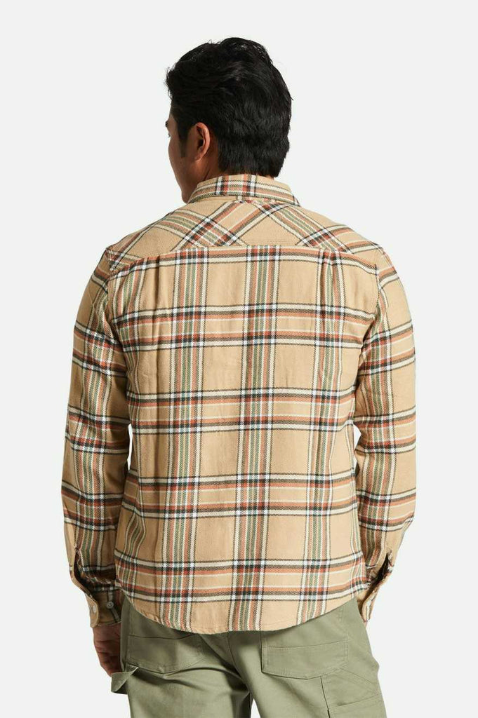 Men's Fit, Back View | Bowery L/S Flannel - Sand/Off White/Terracotta