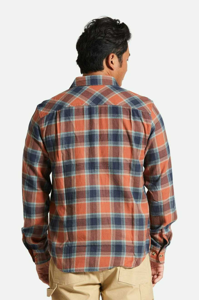 Men's Fit, Back View | Bowery Lightweight Ultra Soft L/S Flannel - Terracotta/Chinois Green