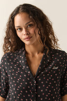 Women's Silky Bowling Button Down Shirt in the color Black Ditsy Floral - Additional Fit image