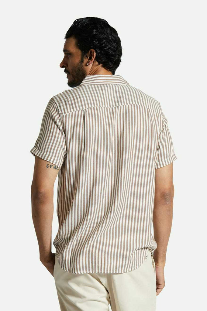 Men's Fit, Back View | Charter Herringbone Stripe S/S Woven Shirt - Off White/Bison