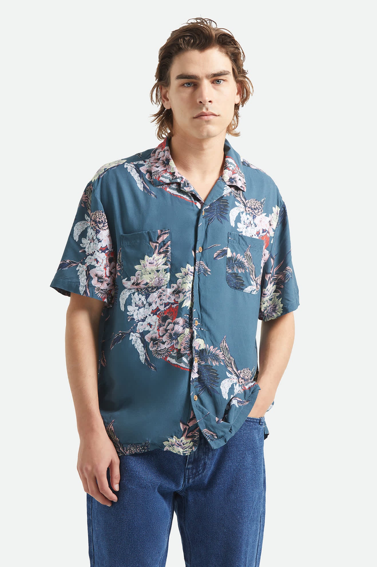 Men's Bunker Vacation Short Sleeve Camp Collar Shirt in the color Midnight Blue - Men's Front View