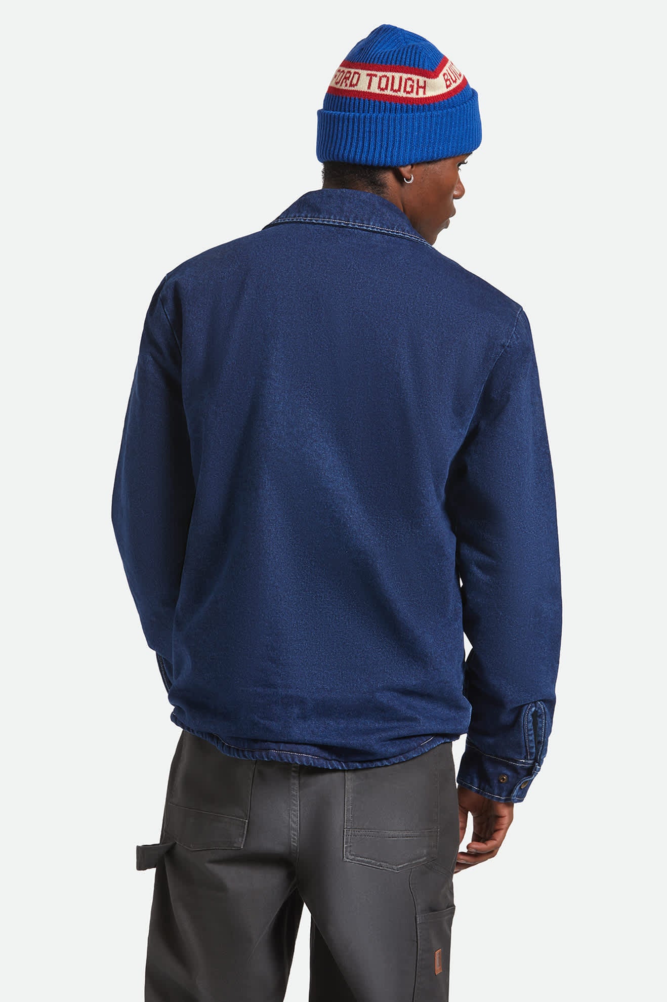 Men's Durham Sherpa Lined Jacket in the color Medium Wash Denim - Men's Back View