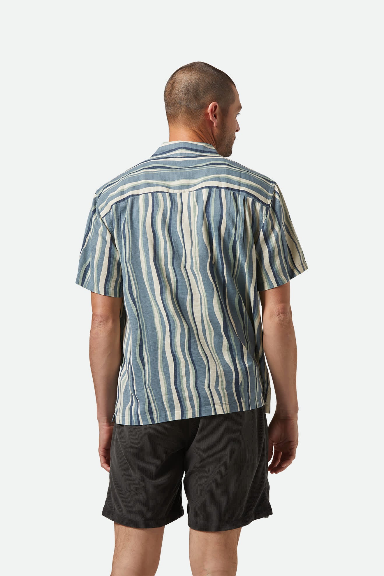 Men's CRU Slub Relaxed S/S Shirt in the color Basalt Blue/Painterly Stripe - Men's Back View
