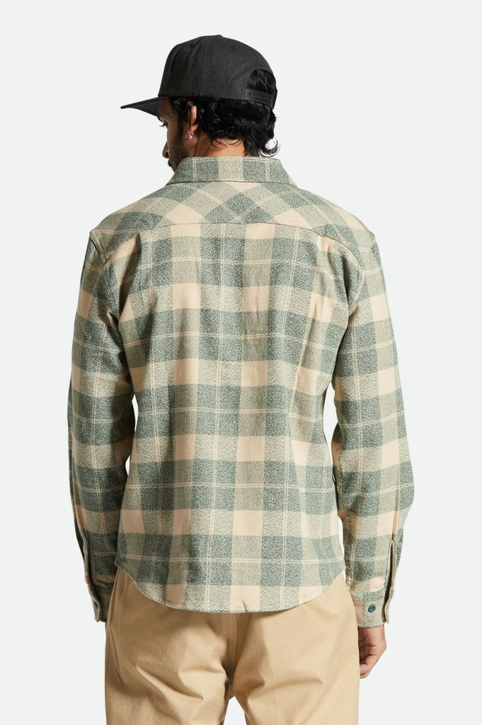 Men's Fit, Back View | Bowery Stretch Water Resistant Flannel - Trekking Green/Oatmilk