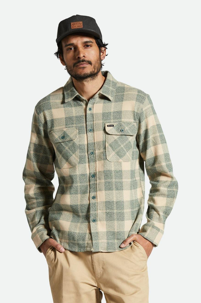 Men's Fit, Front View | Bowery Stretch Water Resistant Flannel - Trekking Green/Oatmilk