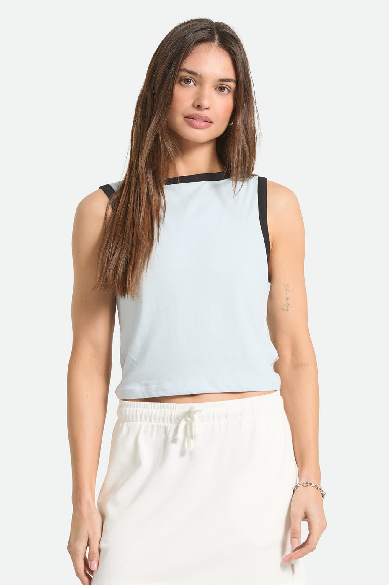 Women's Carefree Organic Garment Dye Cropped Tank in the color Blue Aura - Women's Front View