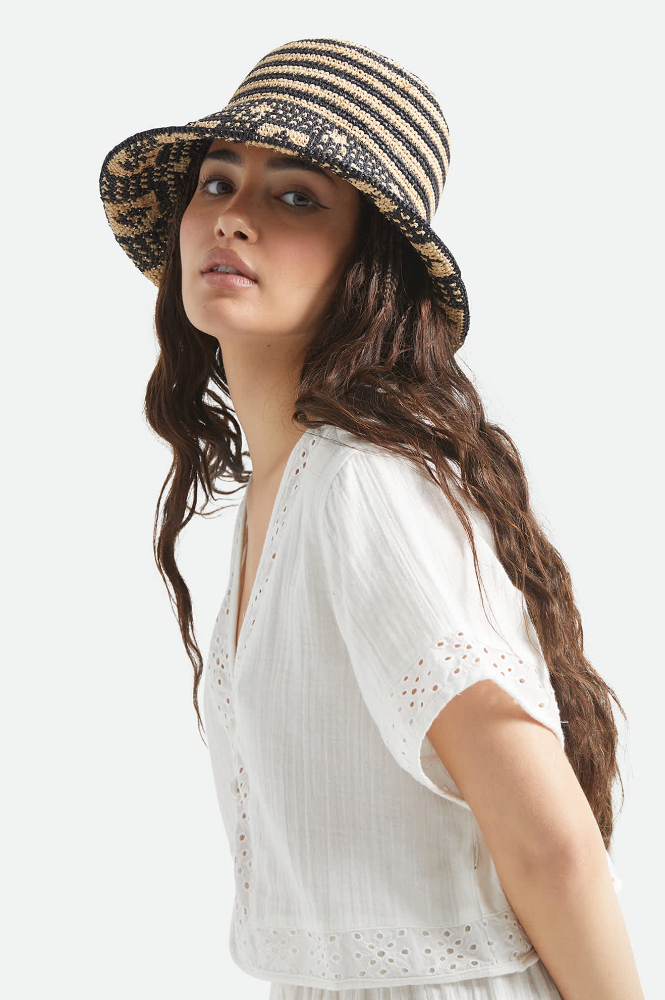 Women's Redding Packable Straw Bucket Hat in the color Black/Natural - Additional Fit image