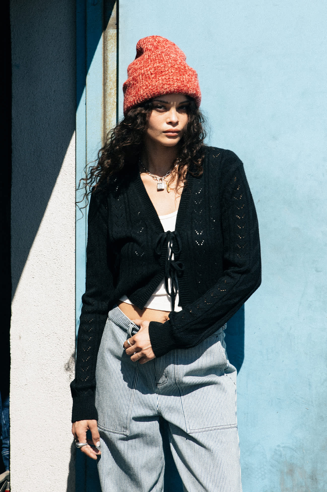 Women's Cropped Pointelle Tie Cardigan in the color Black - Men's Lifestyle image