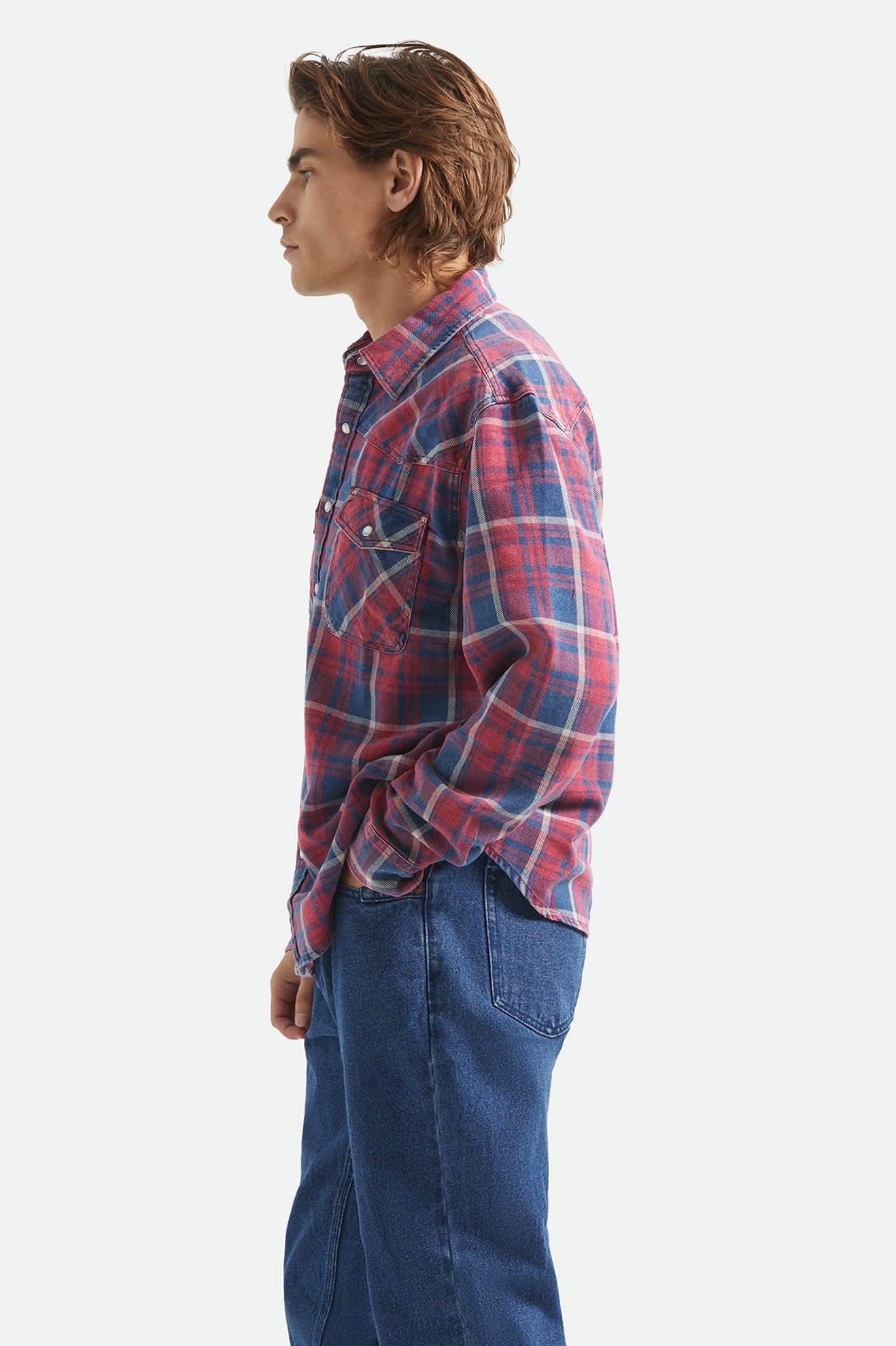 Men's Waylon Lightweight Overshirt in the color Denim Plaid - Men's Side View