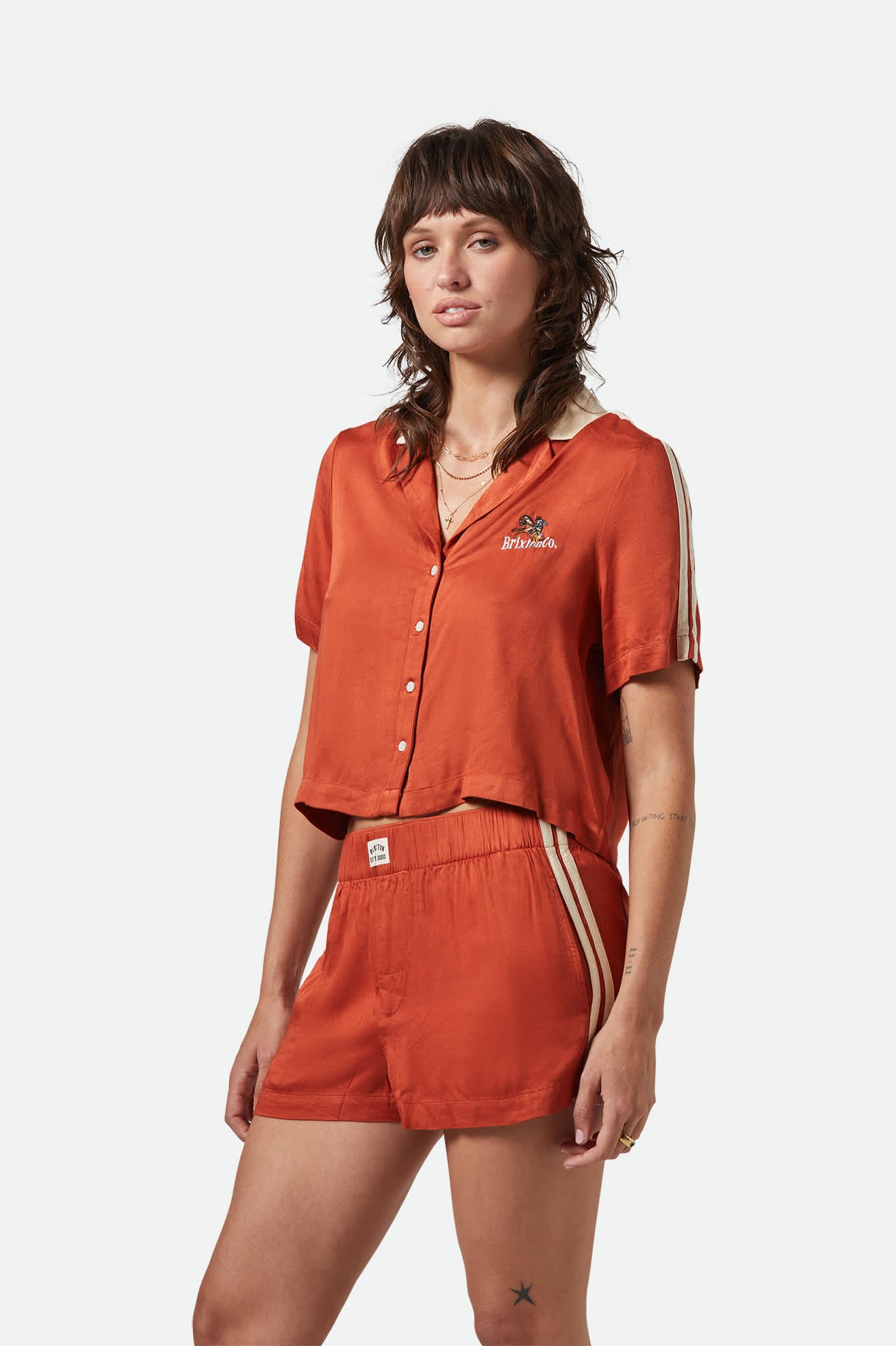 Women's Silky S/S Bowling Button Down in the color Burnt Brick - Additional Fit image