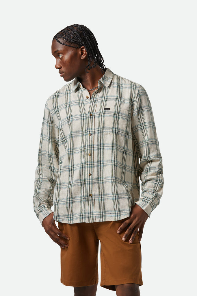 Men's Charter Linen Blend S/S Shirt in the color Off White/Ivy Green Plaid - Men's Front View