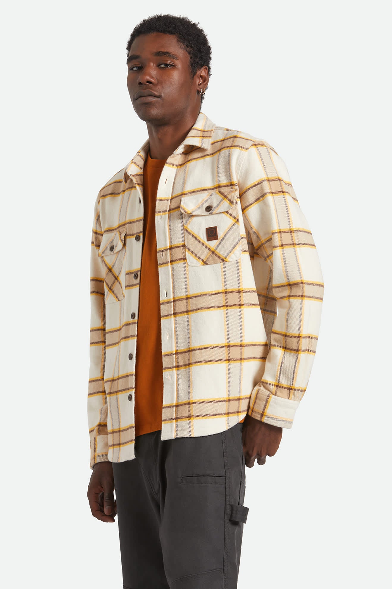 Men's Bowery Heavyweight Flannel in the color Whitecap/Pineconebrown/Saffron - Men's Side View