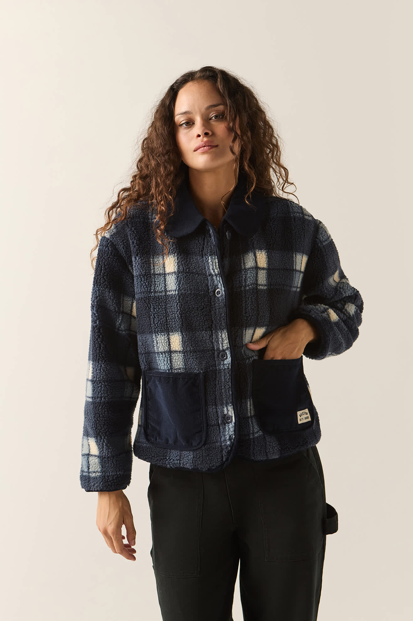 Women's Delilah Sherpa Jacket in the color Classic Navy Plaid - Women's Front View