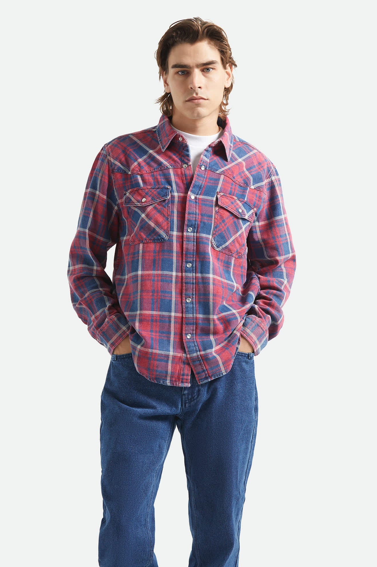 Men's Waylon Lightweight Overshirt in the color Denim Plaid - Men's Front View
