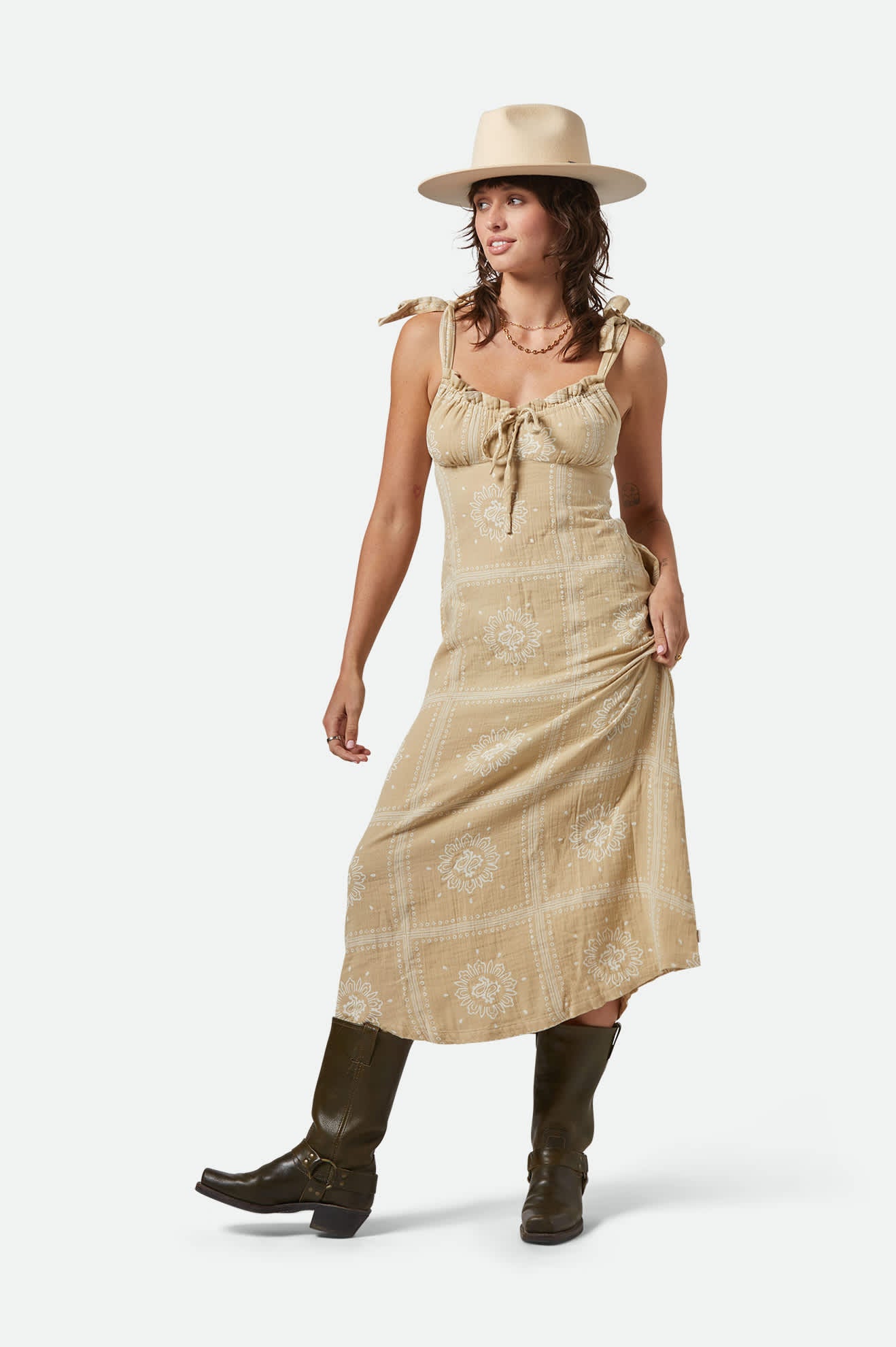 Women's Wandering Tie Dress in the color Pale Khaki Bandana - Women's Front View