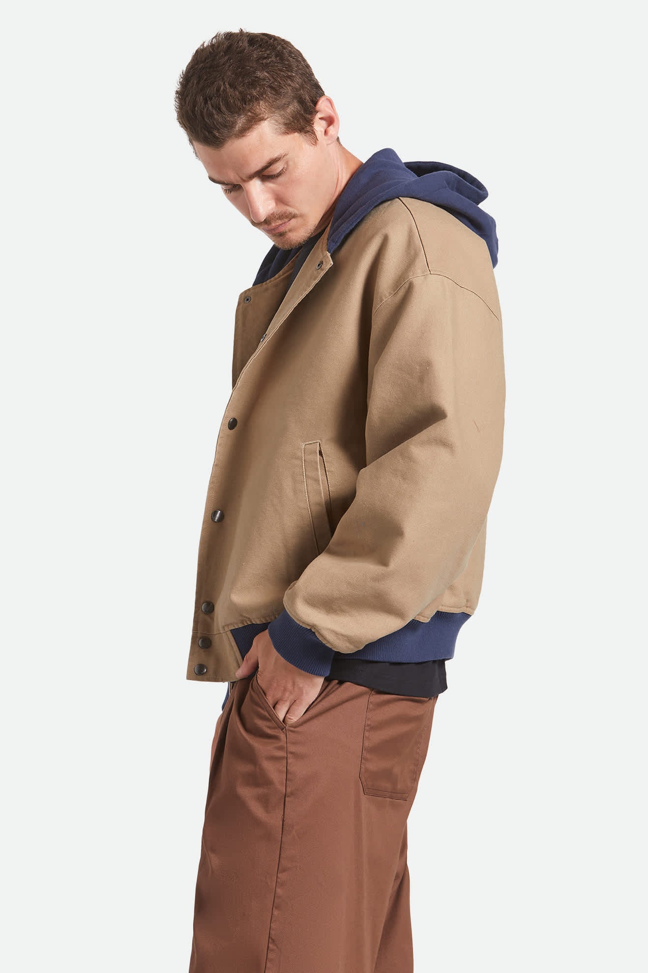 Men's Canvas Hooded Bomber Jacket in the color Khaki/Mood Indigo - Men's Side View