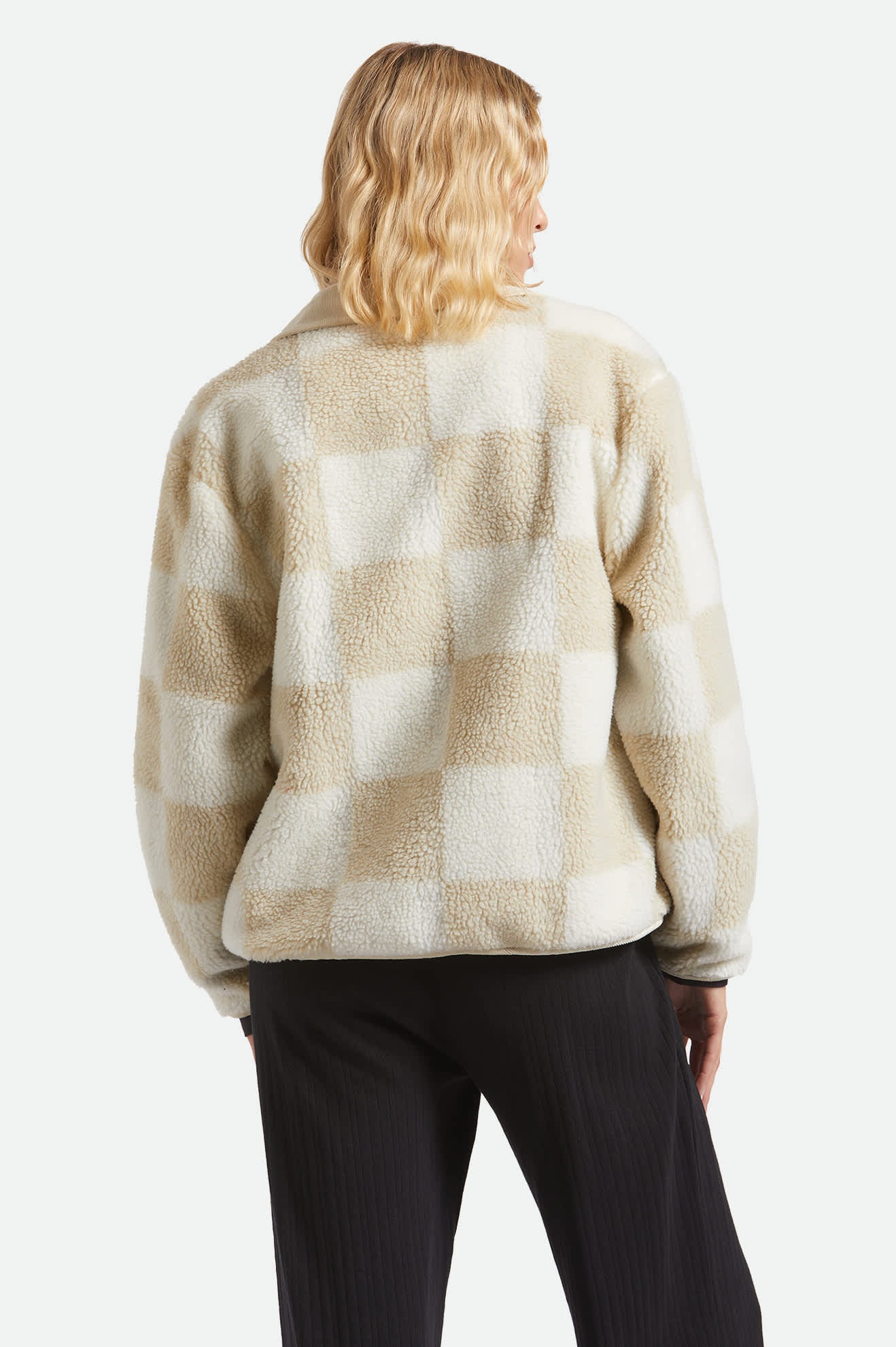 Women's Delilah Sherpa Jacket in the color White/Natural Finish Line Checker - Women's Back View