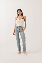 Women's Ringer Organic A-Tank in the color Off White/Black - Women's Front View