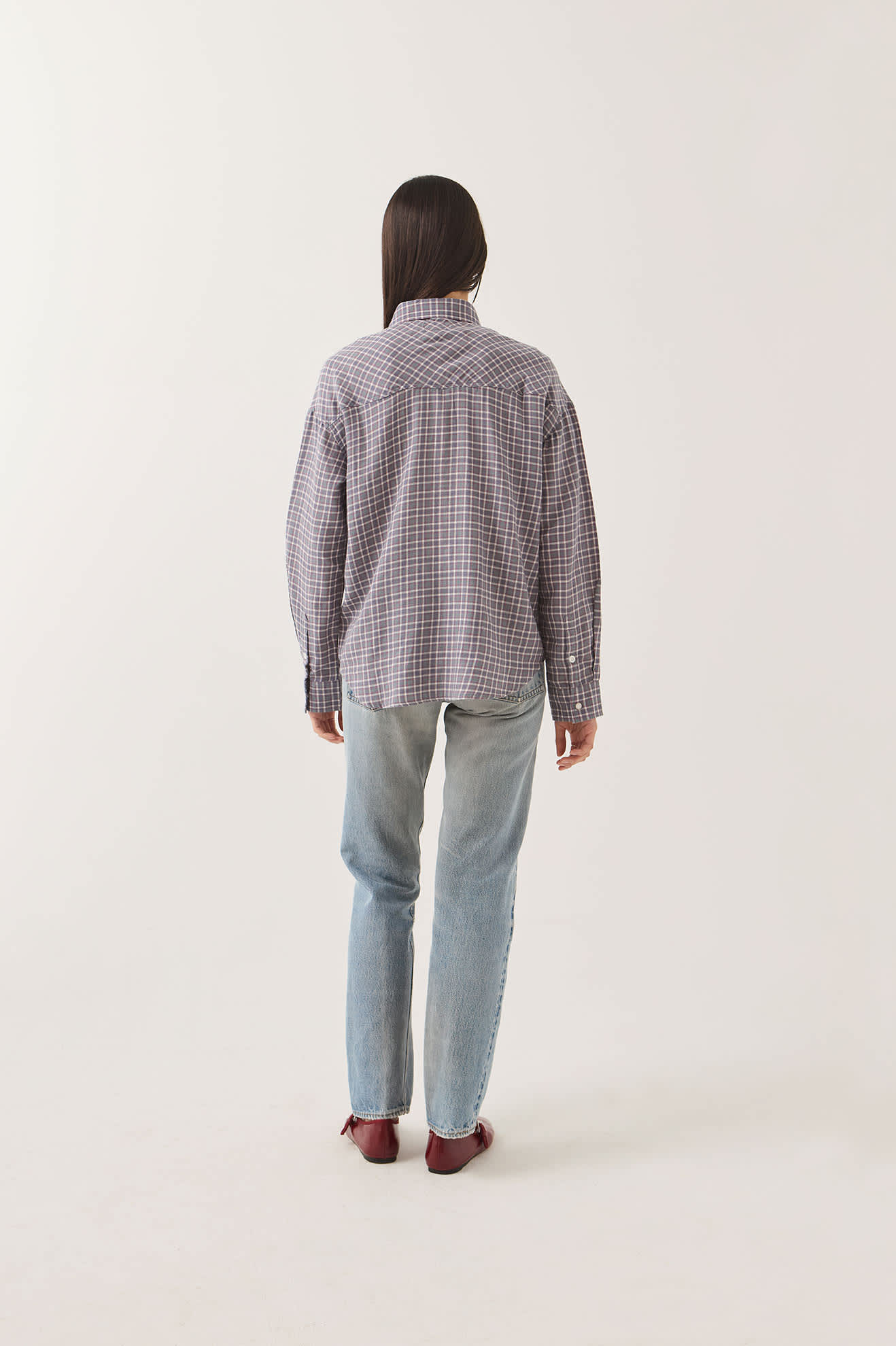 Women's Wayne Women's Shirt in the color Soft Navy Plaid - Women's Back View