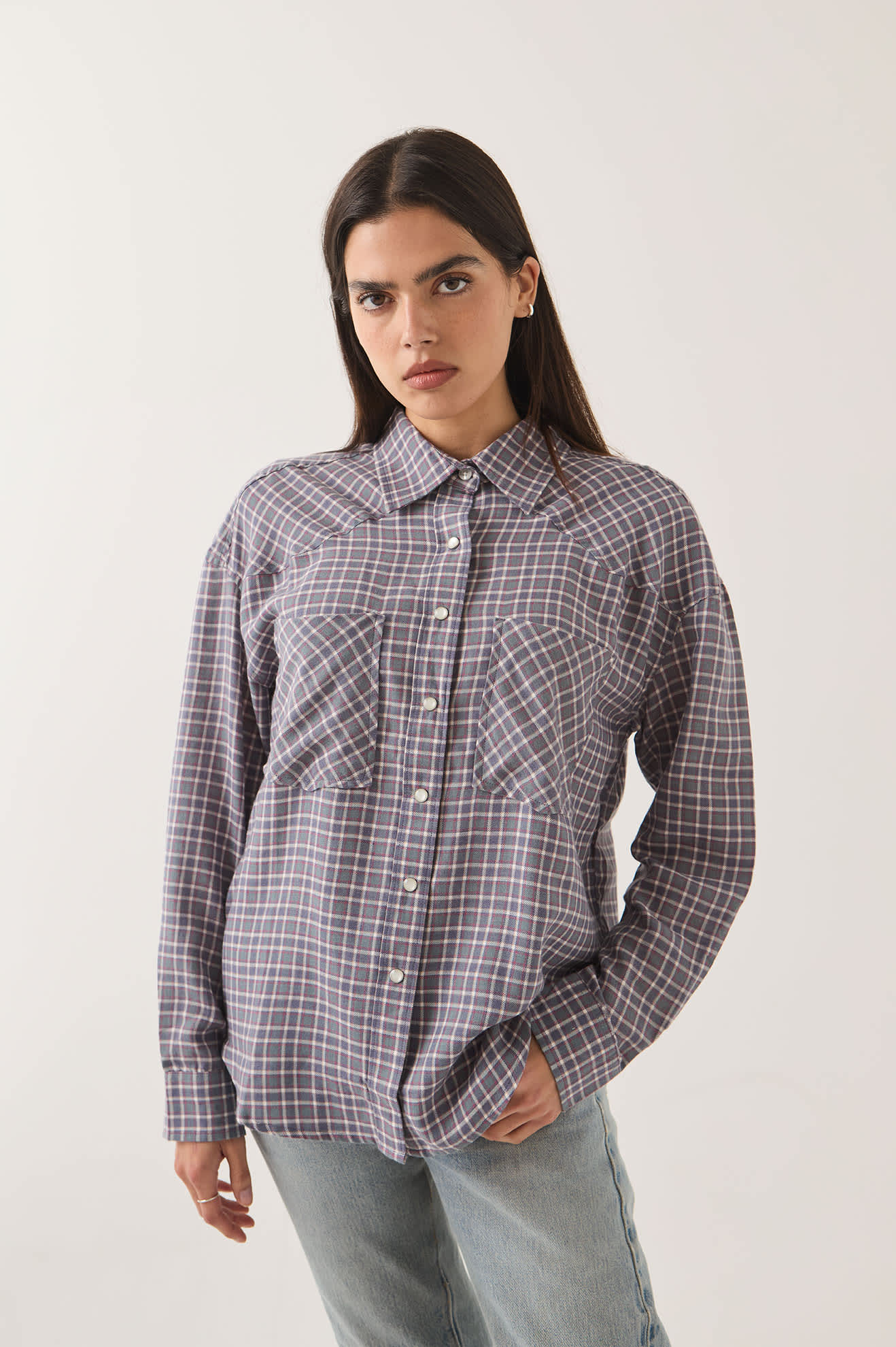 Women's Wayne Women's Shirt in the color Soft Navy Plaid - Additional Fit image