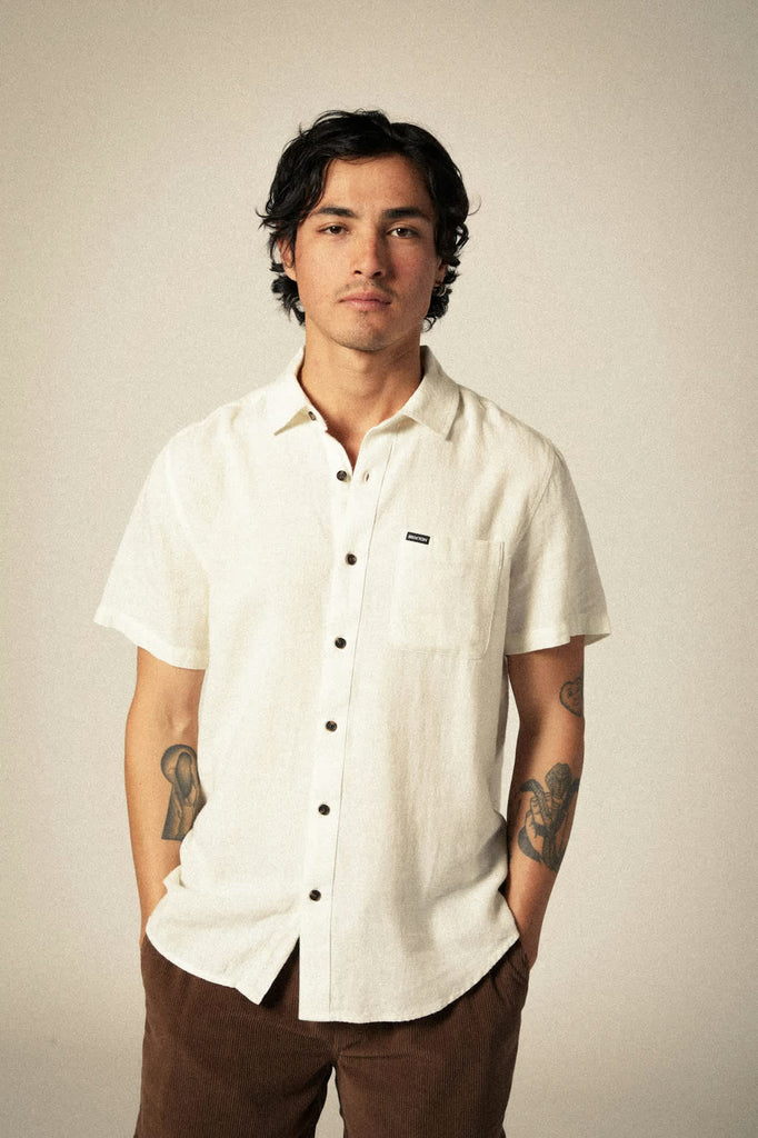 Men's Charter Organic Cotton Linen Blend S/S Shirt in the color Egret White - Men's Front View