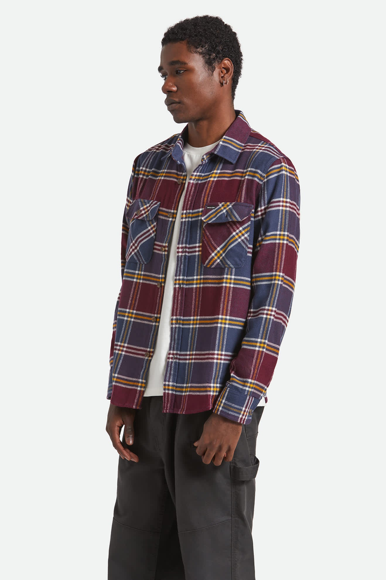 Men's Bowery L/S Flannel in the color Mood Indigo/Port/Saffron - Men's Side View
