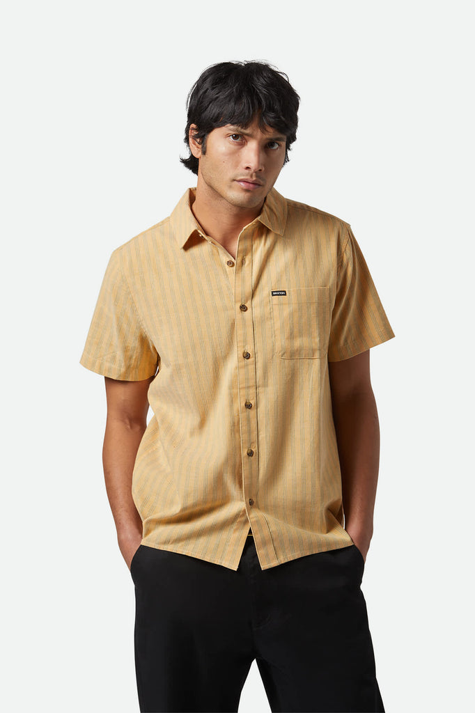 Men's CRU Oxford Stripe S/S Shirt in the color Curry/Ivy Green Stripe - Men's Front View