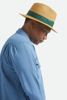 Unisex Roma Straw Packable Fedora in the color Dark Tan/Primal Green - Additional Fit image