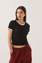 Women's Carefree Organic Garment Dye Ringer T-Shirt in the color Black/Off White - Women's Side View