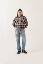 Women's Bowery Crop Women's Overshirt in the color Washed Black Plaid - Women's Front View