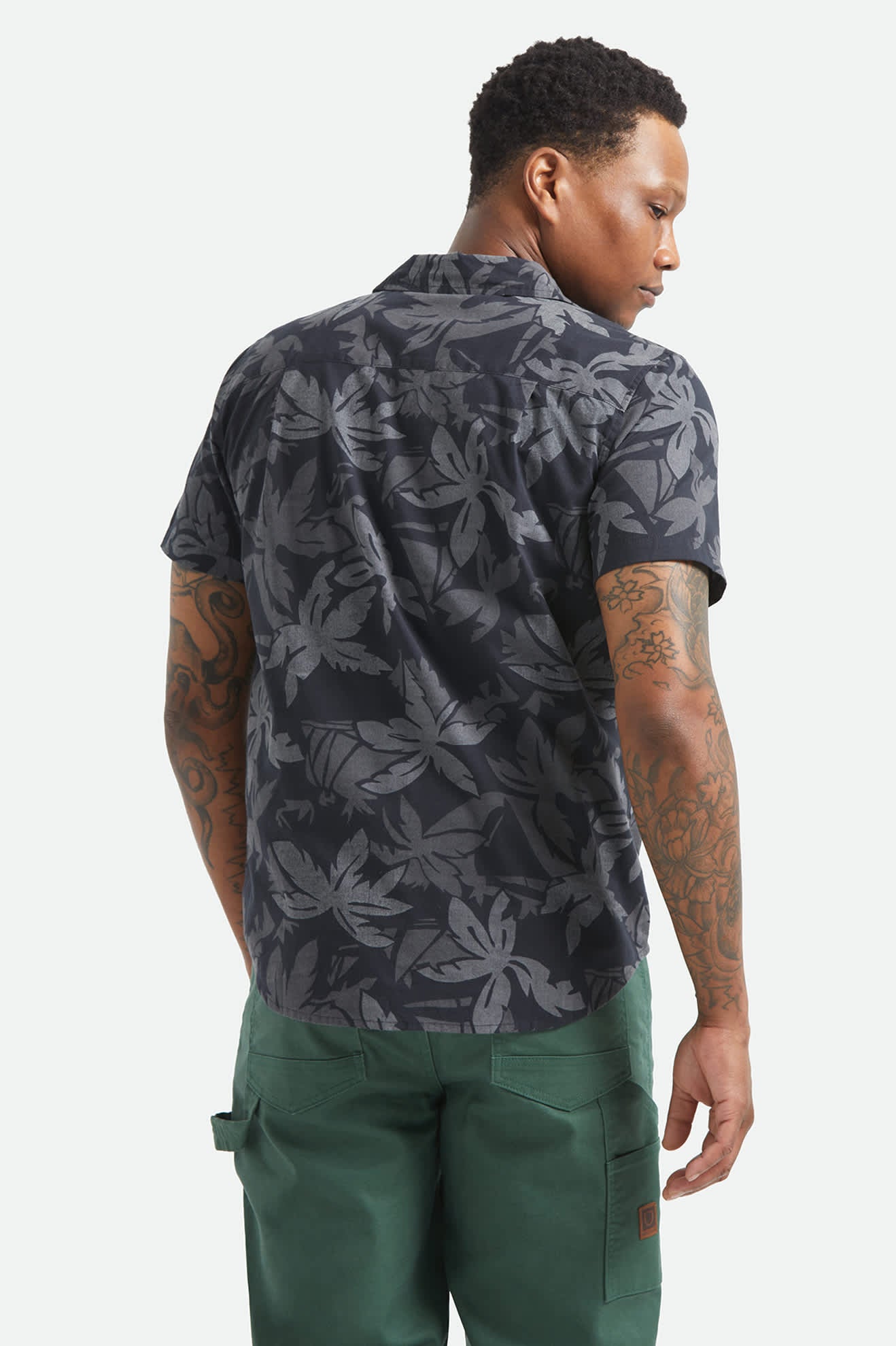 Men's Charter Print Short Sleeve Shirt in the color Black/Trooper/Future Grey Palm Floral - Men's Back View