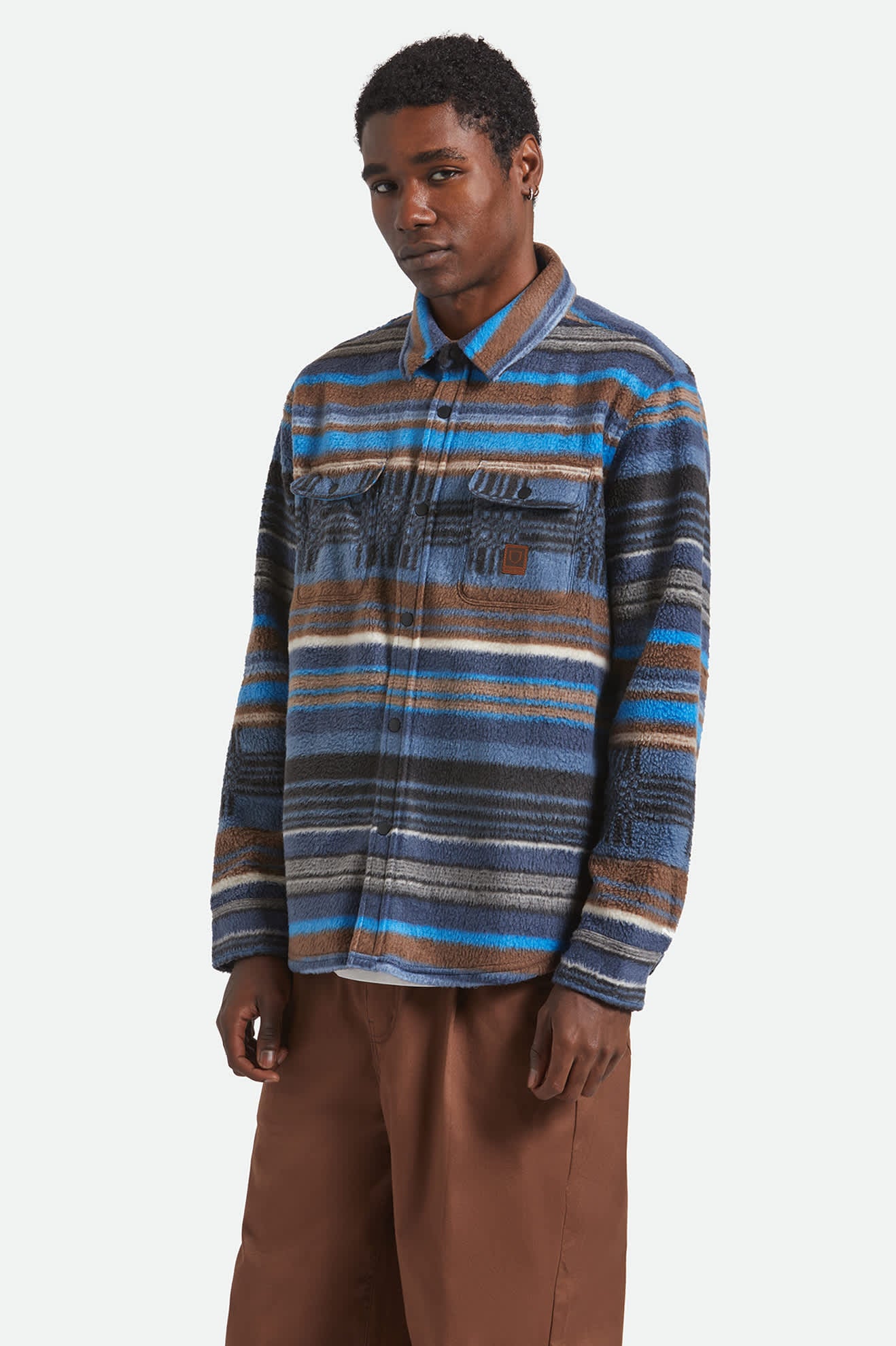 Men's Bowery Arctic Stretch Fleece in the color Mood Indigo Blanket Stripe - Men's Front View
