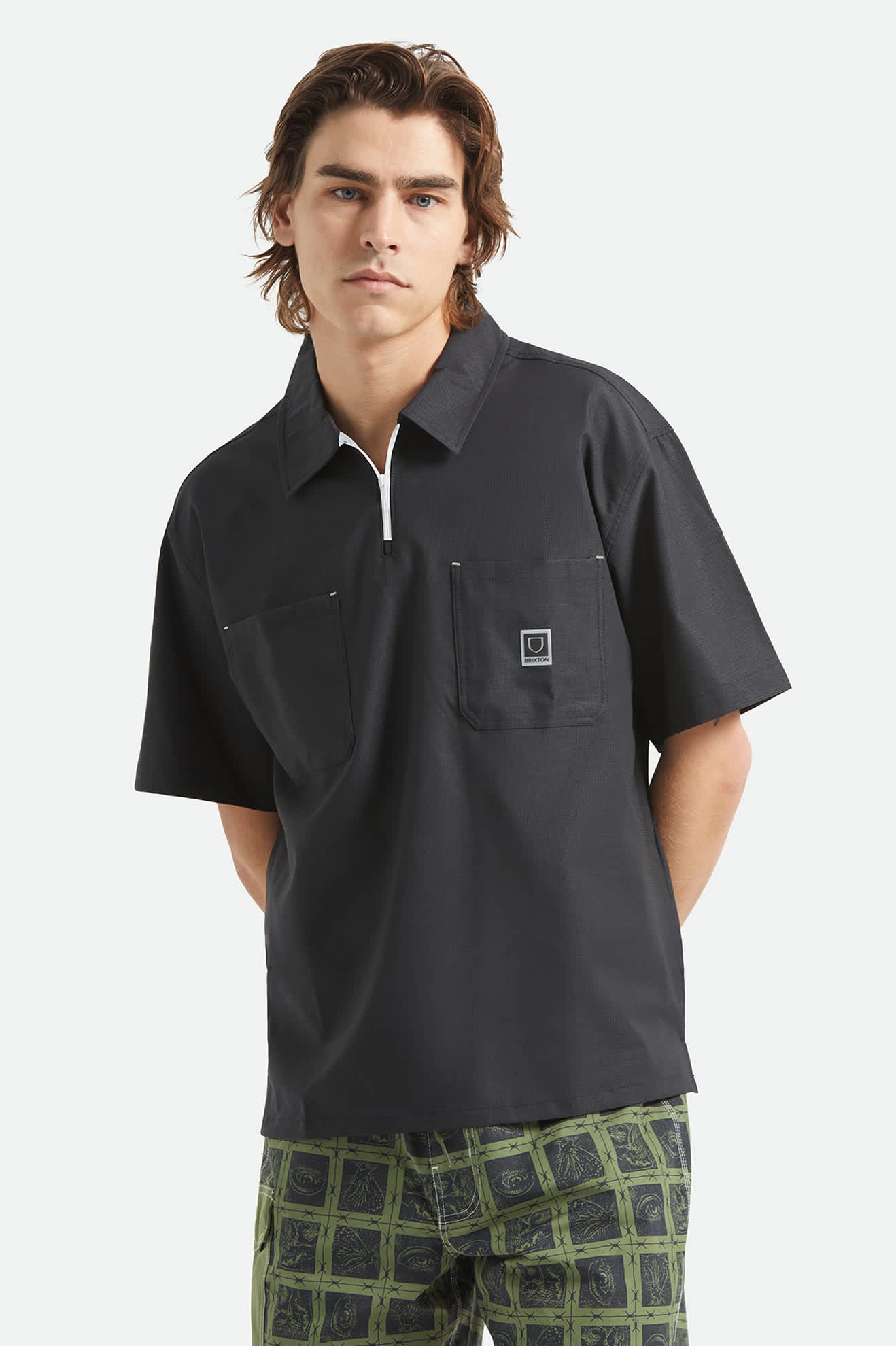 Men's Journey Lightweight 1/2 Zip Cropped Short Sleeve Shirt in the color Black - Men's Front View