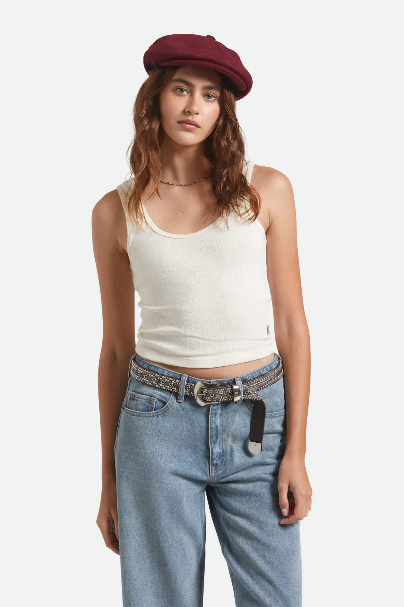 Unisex Brood Newsboy Cap in the color Port - Women's Front View